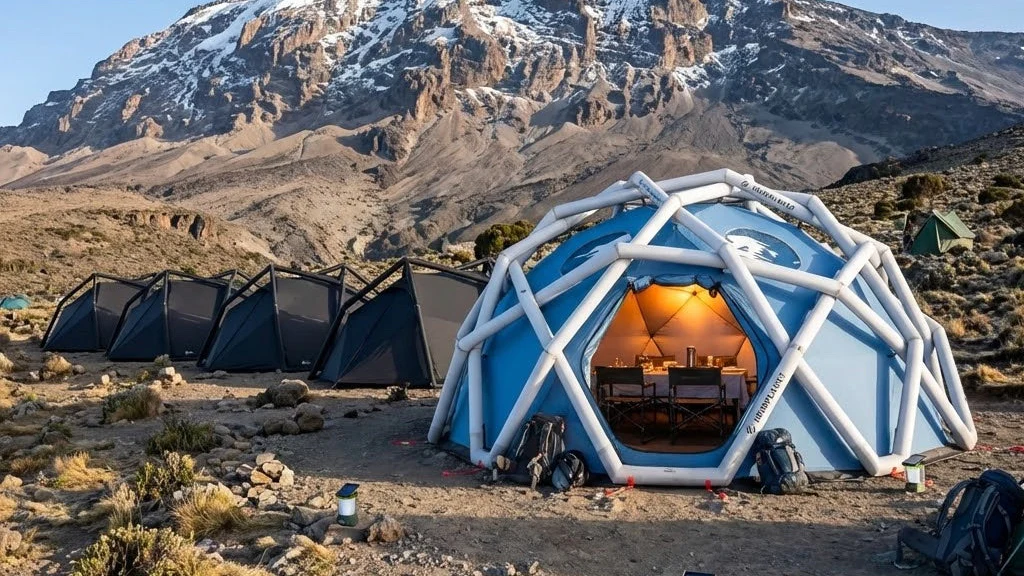 Custom HEIMPLANET dome camp set beneath Kilimanjaro