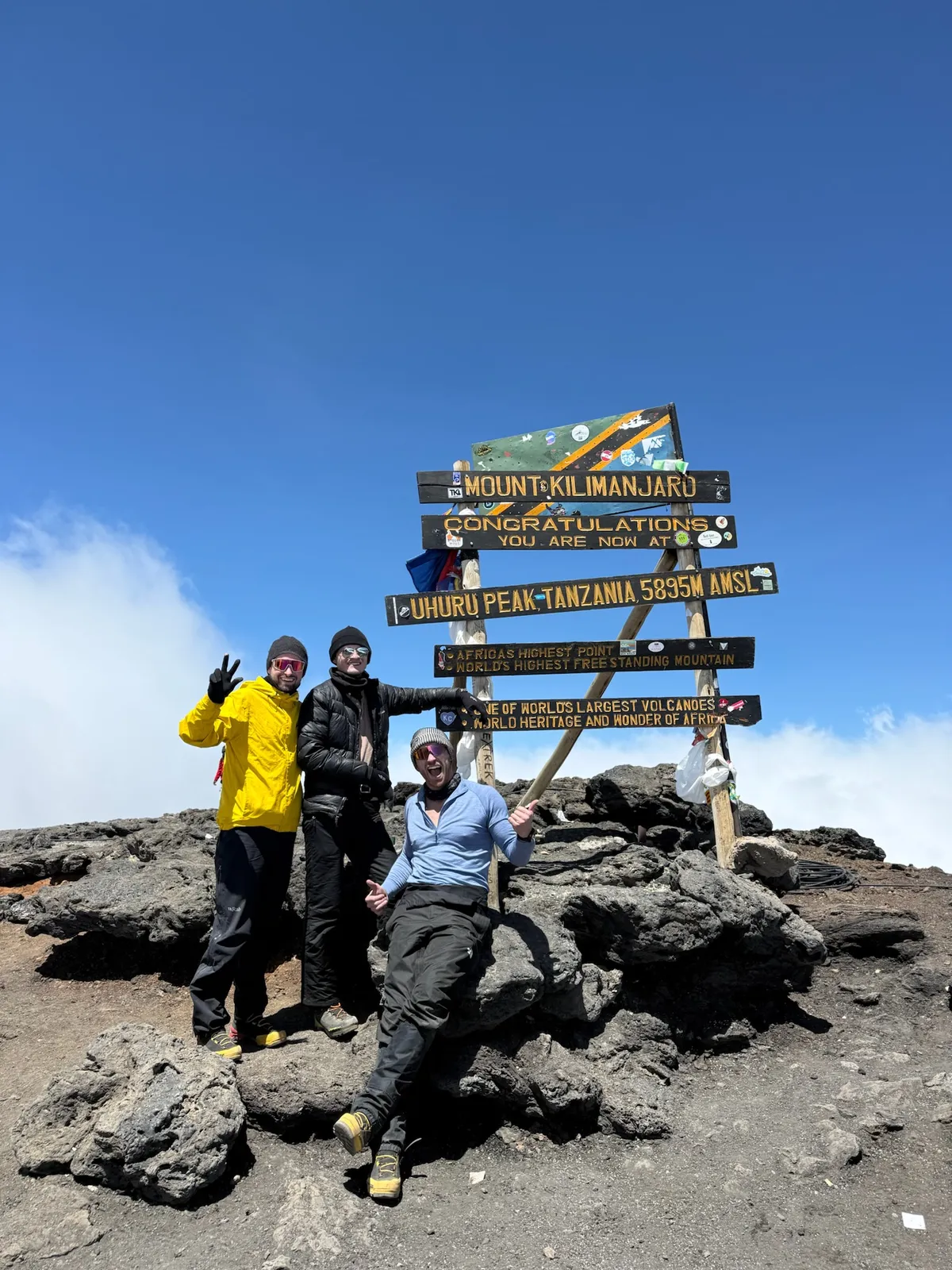 A group on the summit of Kilimanjaro at Uhuru Peak with White Mountain Camp