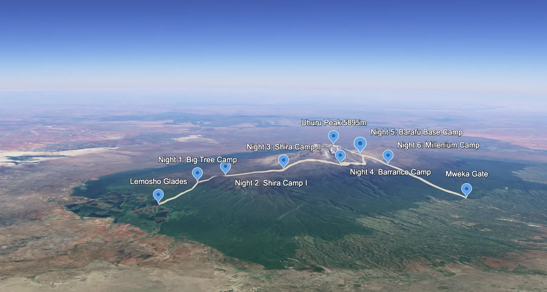 Lemosho route map showing each night's camp from Lemosho Glades to Mweka Gate